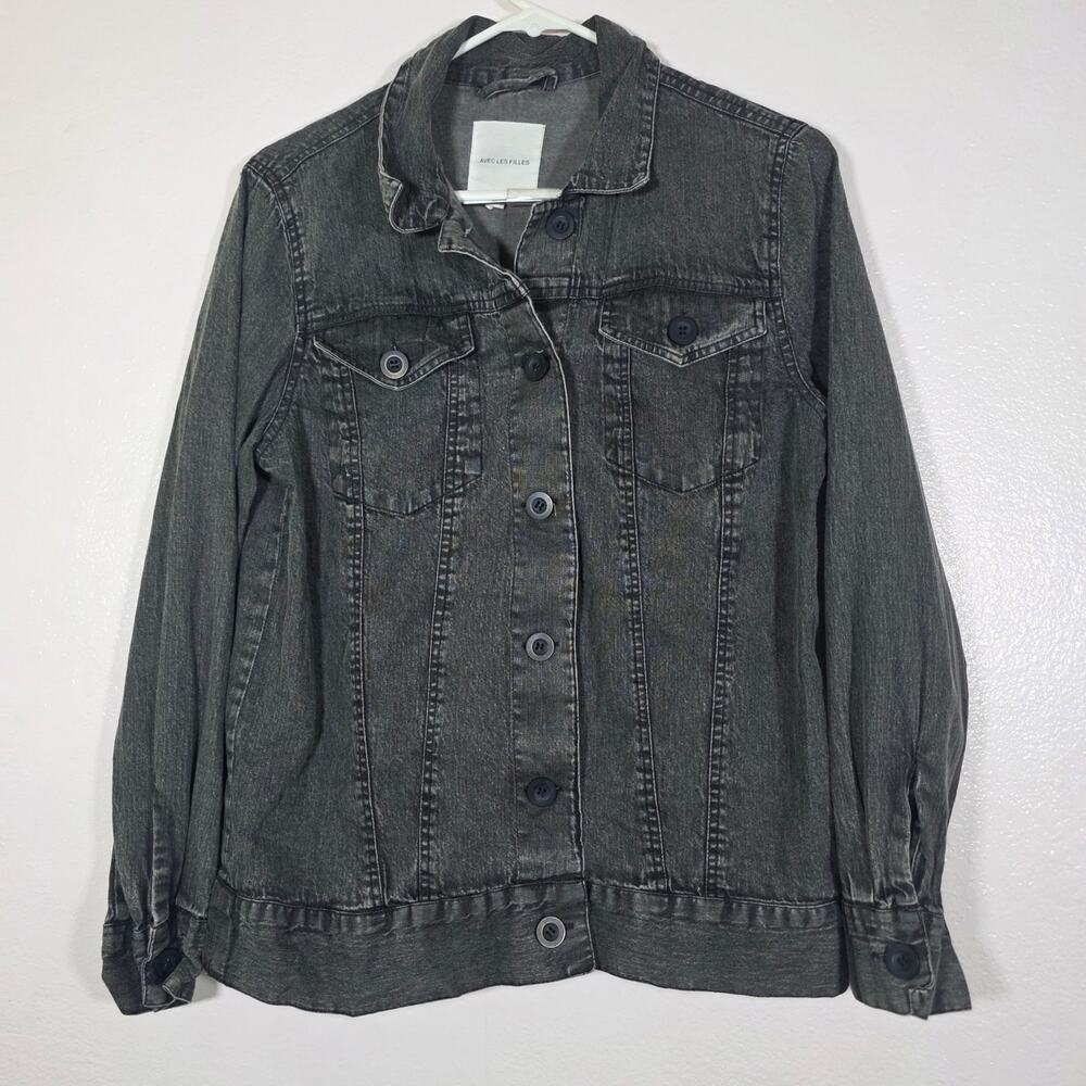 Avec Les Filles Women’s Black Gray Wash Denim Trucker Jacket Size S
